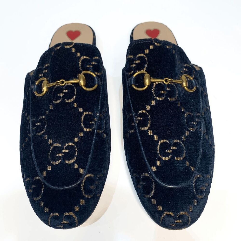 SOLD Gucci Princetown Horsebit Mules Navy Blue GG Logo Velvet Flat Loafers - Picture 2 of 14